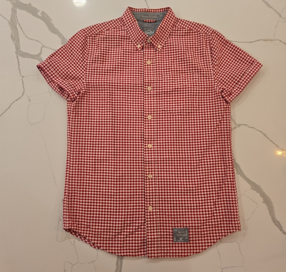 Superdry The True Dry Oxford Red White Gingham Preppy Slim Fit Shirt Large